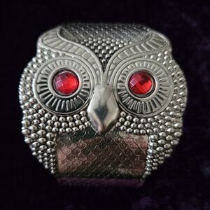 Silver Tone Owl Cuff Bracelet with Red Gem Eyes - Women's Jewelry